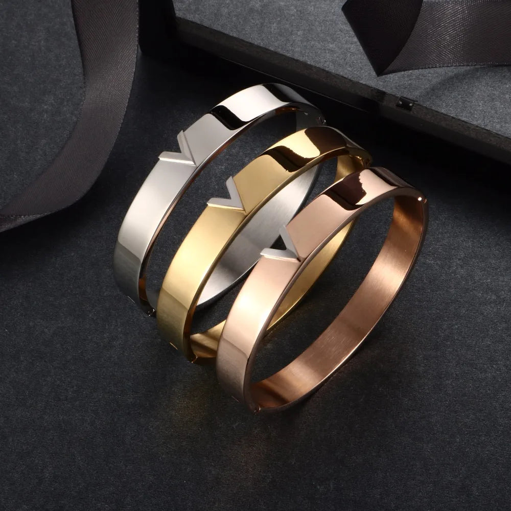 Trendy V Shape Stainless Steel Bracelets & Bangles Female Lover Bracelet Gold Color Titanium Bangles for Women Jewelry Gift