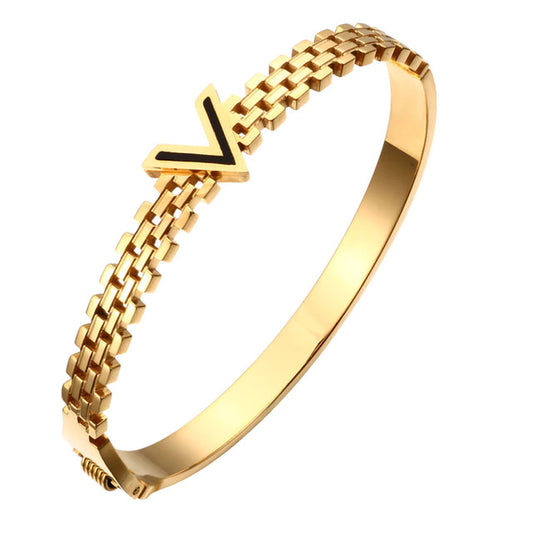 Charming Letter V Design Stainless Steel Bracelets & Bangles with 3 Colors Gold Color Choose V Bangle for Men Women